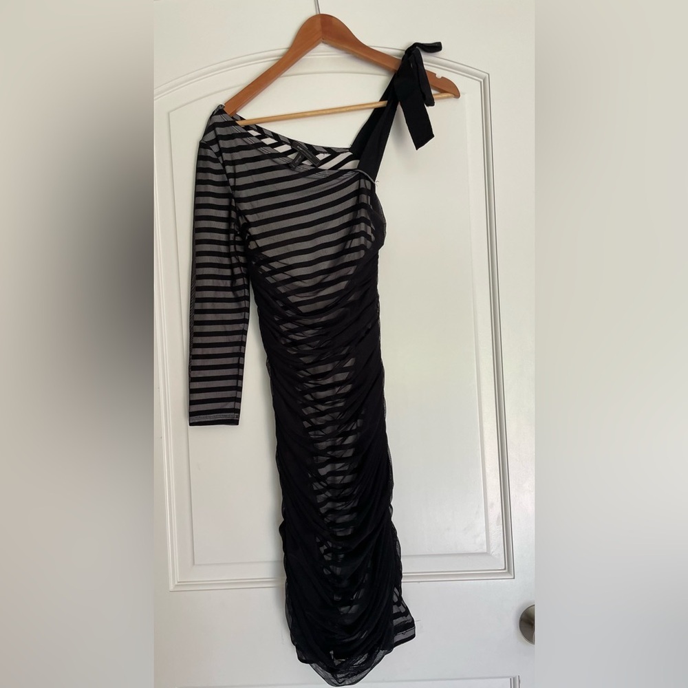 BCBGMaxAzria Black and White Striped  One Sleeve Bodycon